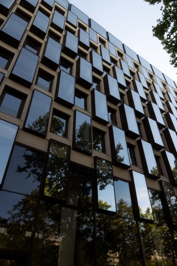 Repeating geometric windows on a modern building
