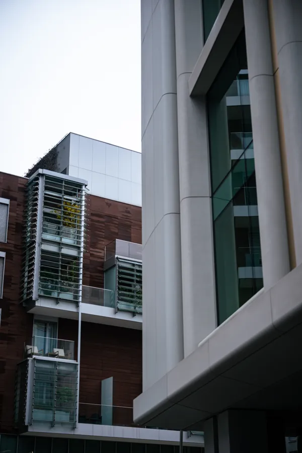 Modern facades and glazing framed by vertical lines